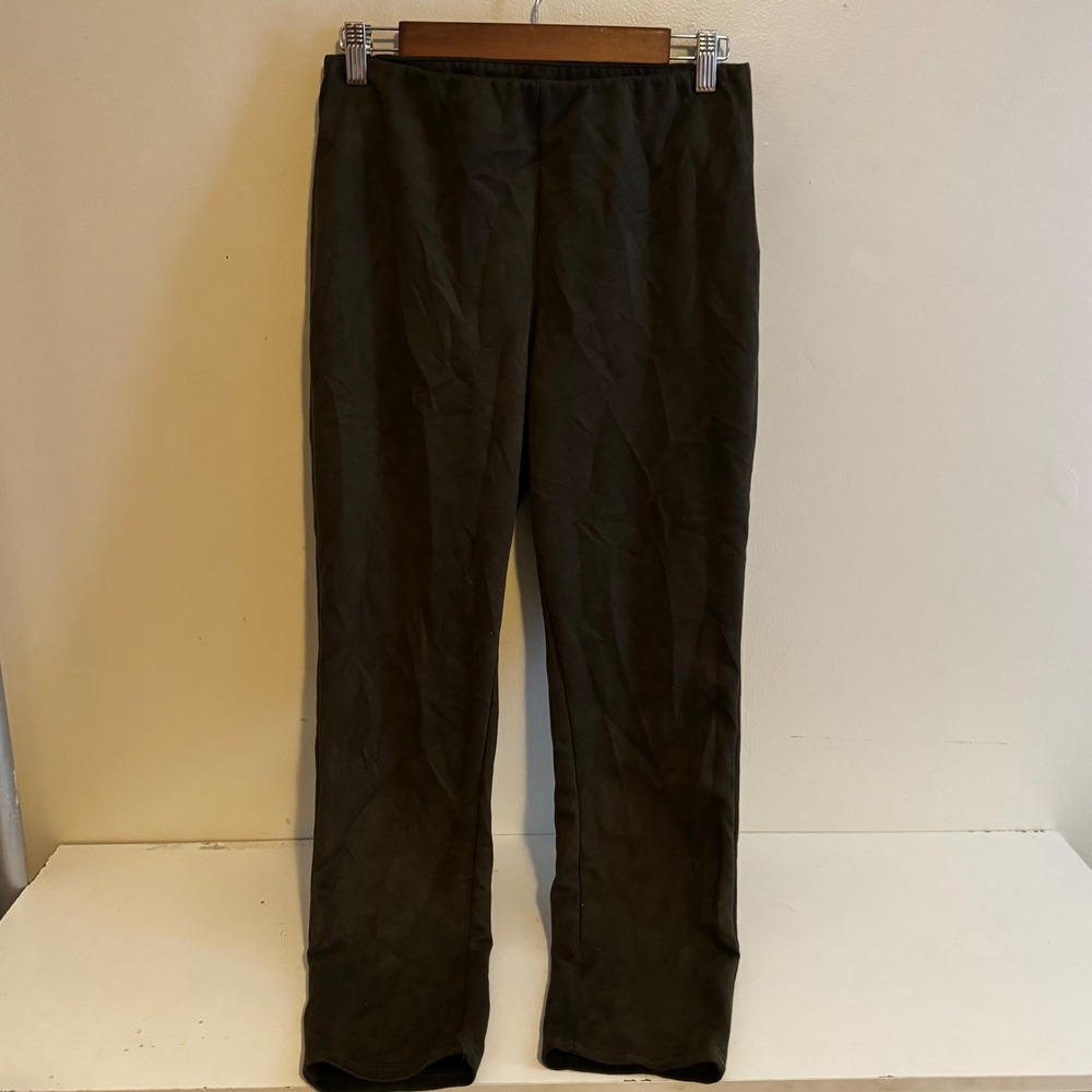 Women's Sz L Olive Green Faux Suede Leggings Elastic Waist Pants Fall Basics